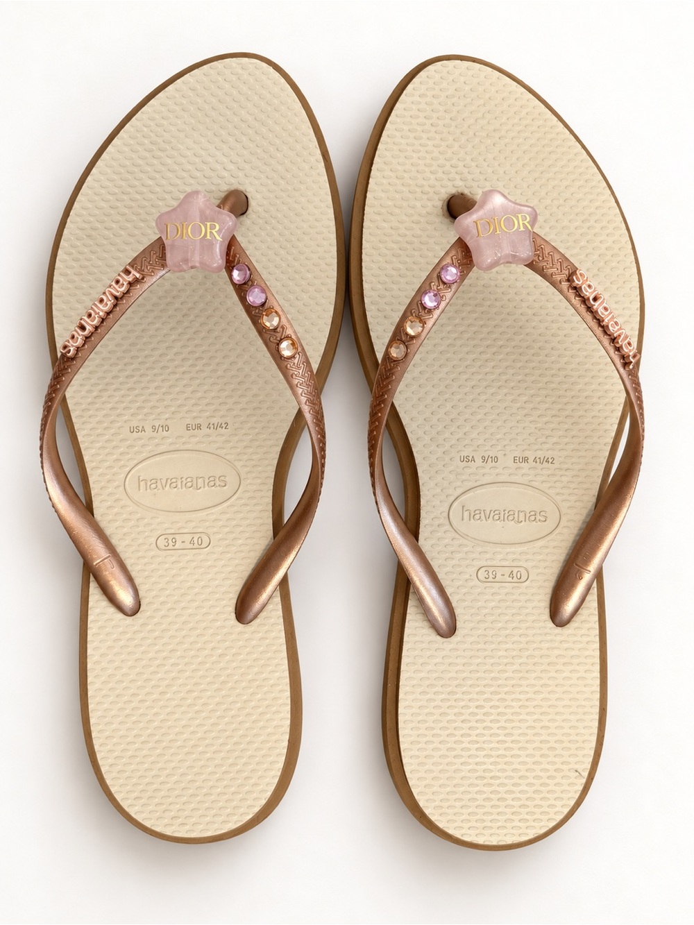 New Custom Havaianas Pink Star Rhinestone Flip Flops Rose Gold US 9/10